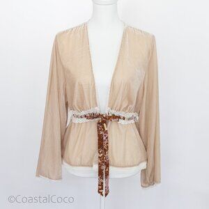 Free People Velvet Cardigan M Bell Sleeves Lace Trim Tie Ivory Boho Fairy Whimsy
